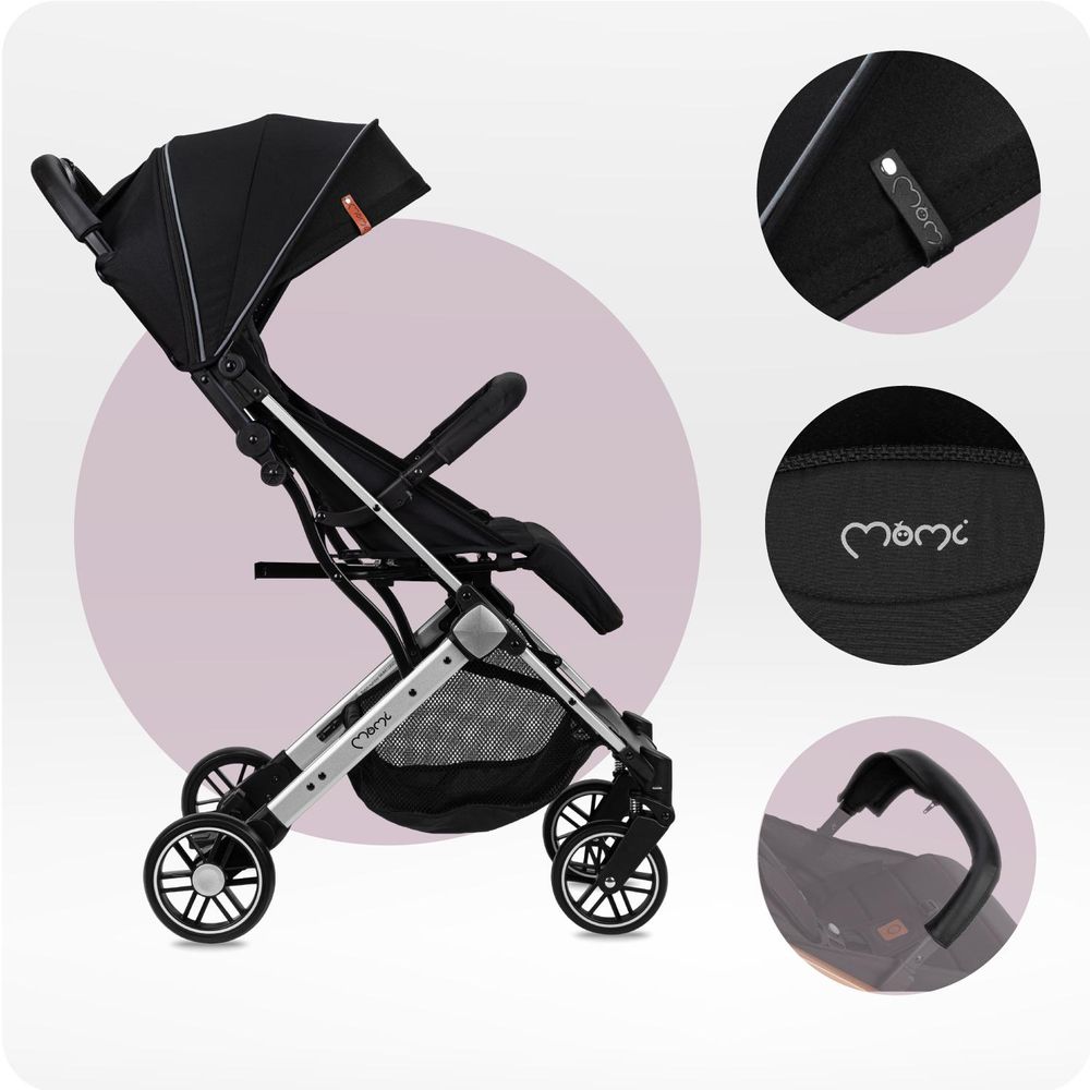 MoMi ESTELLE LIGHT – Ultraleichter Baby Kompaktbuggy 7,7 kg mit Einhand-Faltung, Trolley-Funktion & XL-Dach, ideal für Reisen – Schwarz/Silber