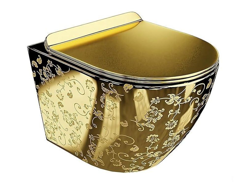 LAVITA Wand-WC Sofi Slim Golden Eye | HŠnge Toilette | Toilettendeckel mit Absenkautomatik & Metallscharniere | Toiletten SpŸlrandlos HŠngend | Toilettenbecken | 365x490x395 cm | Gold