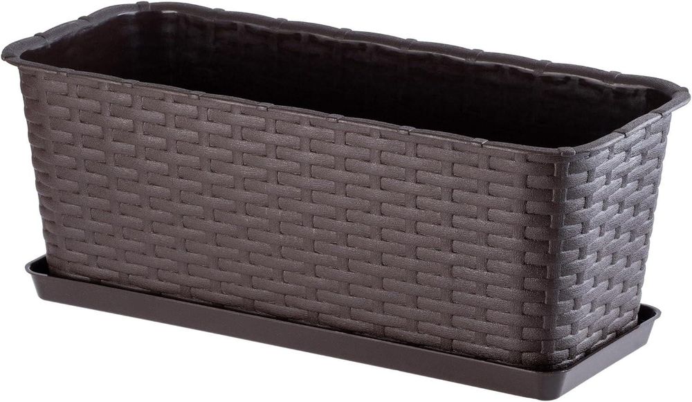 KADAX Blumenkasten 40 cm Braun mit Untersetzer, Rattan-Optik – Pflanzkasten für Balkon oder Fensterbank, langlebiger Balkonkasten