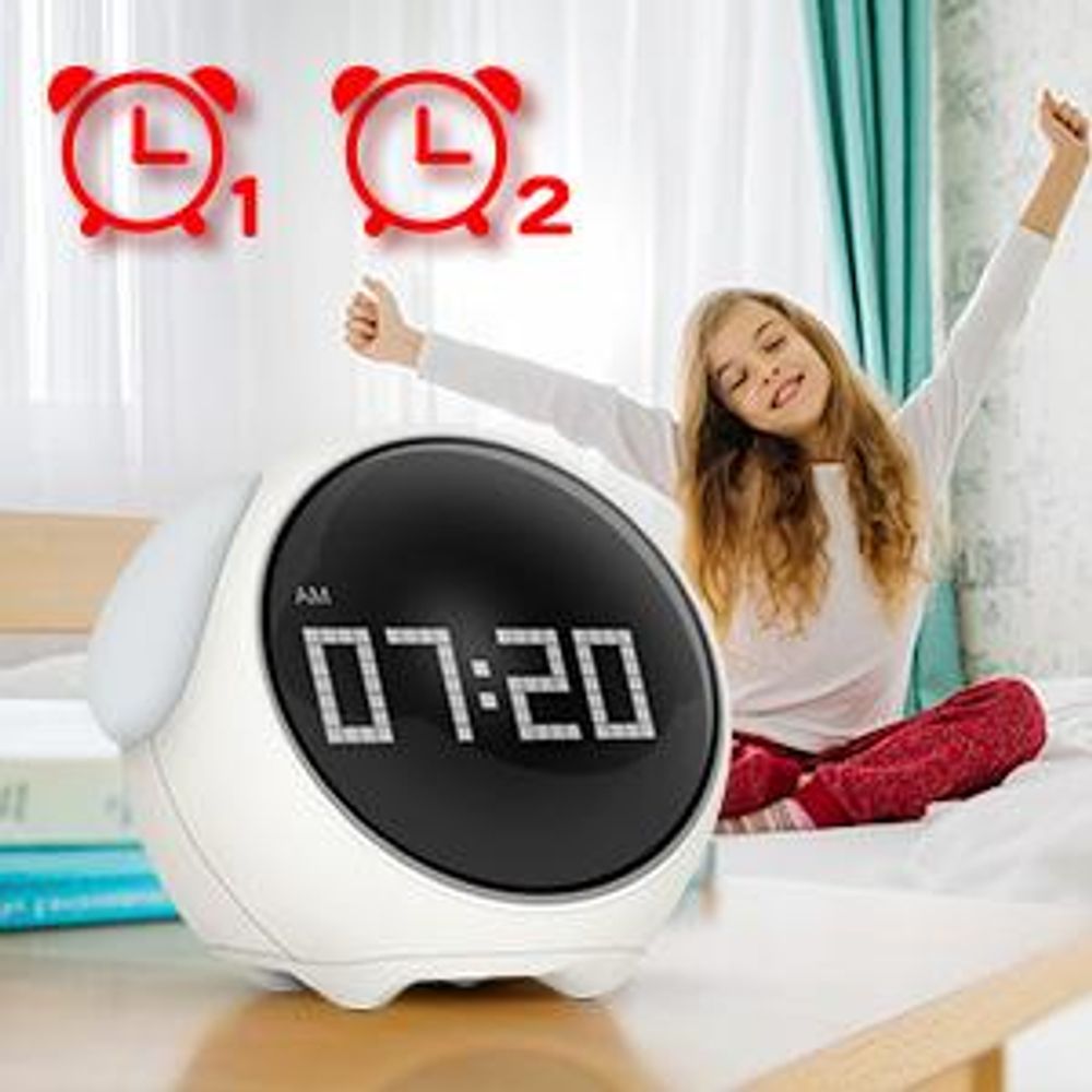 Digitaler Wecker, Kinderwecker, Kinderuhr, Netter Emoji, 2 Wecker mitbringen, 5 Stimmen, Schlummerfunktion, Datum, Temperatur, 12/24 Stunden