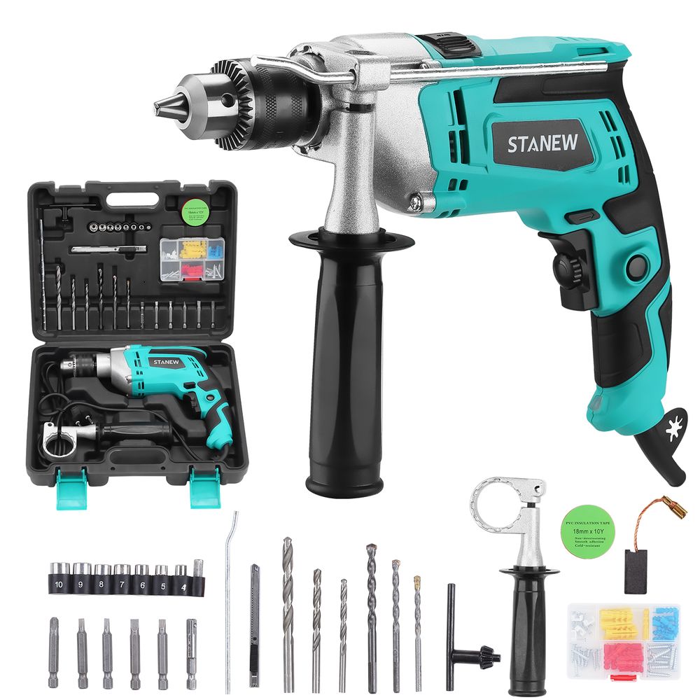 STANEW Schlagbohrmaschine 850W mit Kabel, 2 in 1 Schnur-Schlagbohrer 0–2700 U/min, 27 Zubehörteilen, 360° Drehgriff & 0-13mm Bohrfutter
