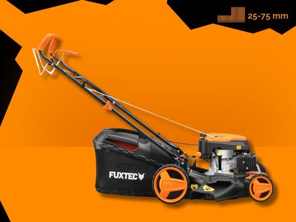 FUXTEC 4in1 Benzin Rasenmäher RM5196 - 196ccm | 51cm | Selbstantrieb | 6PS | Heckauswurf | 60L | Seilzug-Start | 40Kg | Mulchfunktion | 4-takt | 800ml