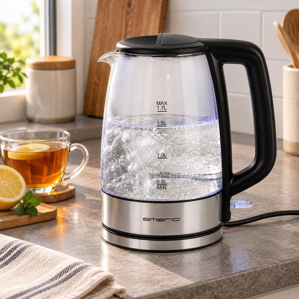 Emerio Waterkoker WK-130126 – 1,7 Liter – 2200 W – LED-verlichting – Oververhittingsbeveiliging – Waterniveau-indicator – RVS/Glas
