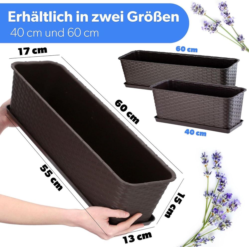 KADAX Balkontopf mit Untersatz "Frette", Balkonkasten mit Wasser Öffnungen, 60cm, Braun