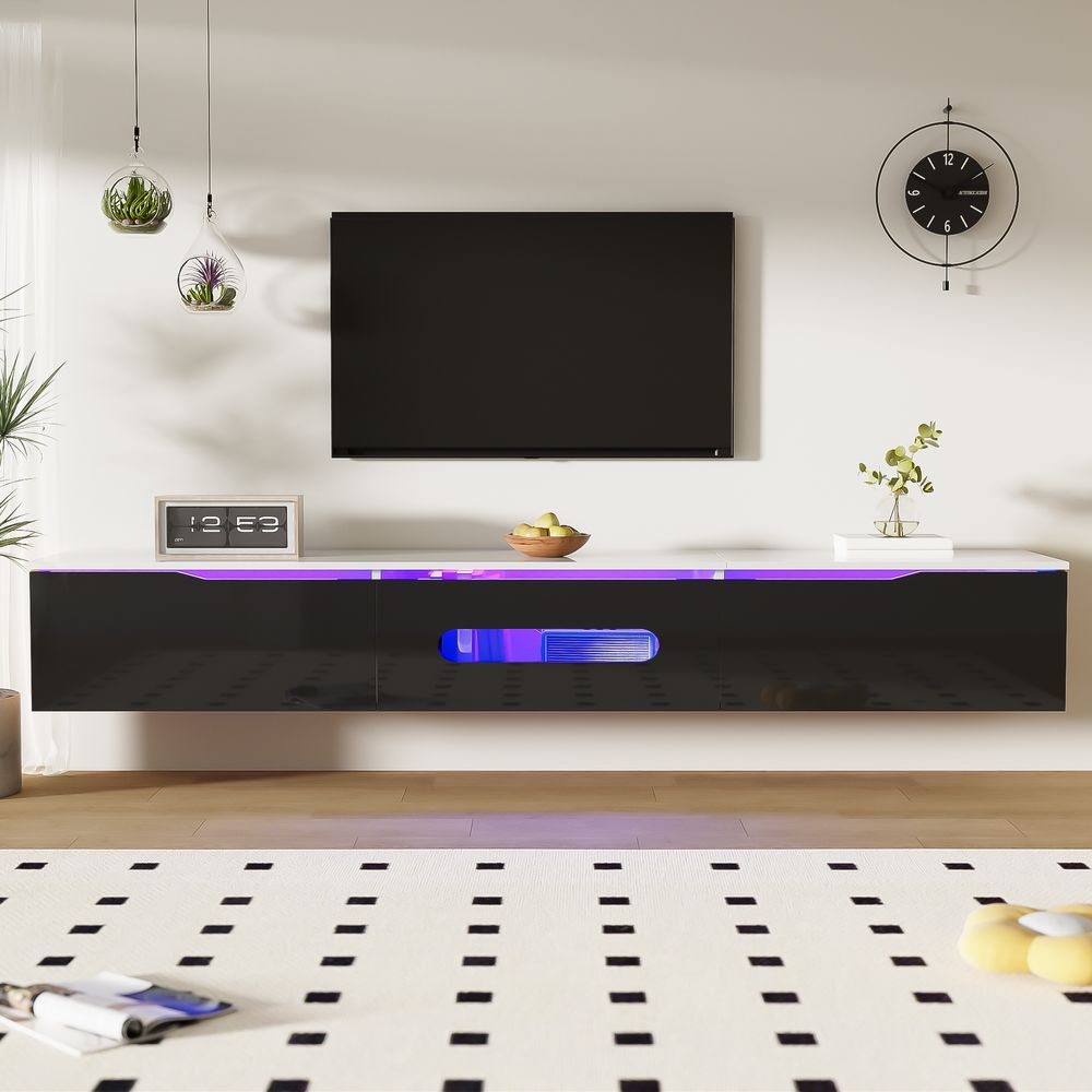 Merax TV-Schrank mit 16-farbiger LED-Beleuchtung, Lowboard mit Hochglanzoberfläche, Stauraum und minimalistischer Stil, Schwarz +Weiß