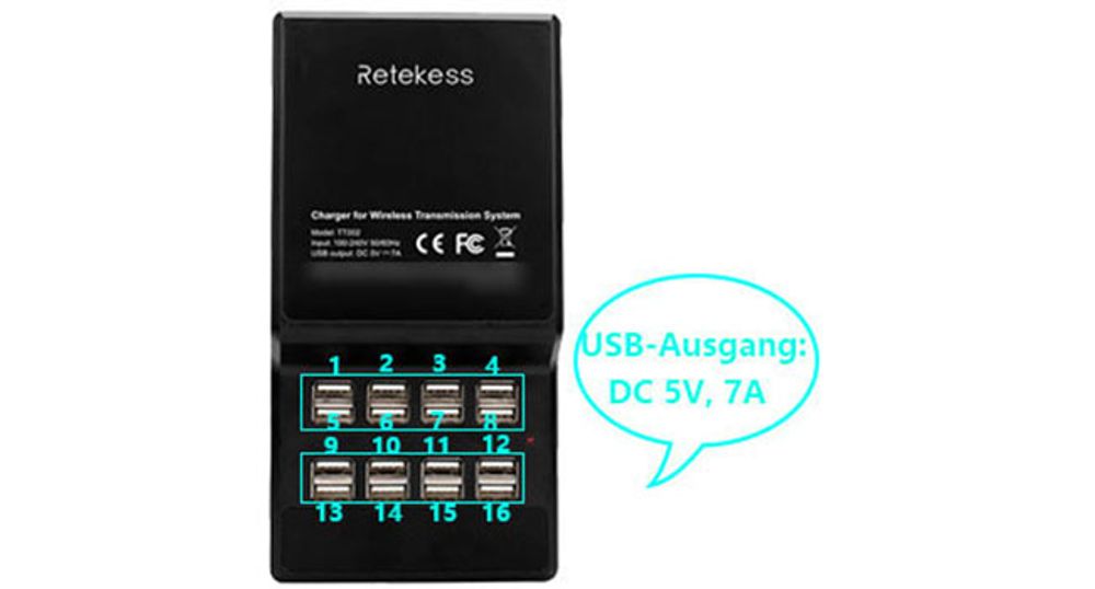 Retekess TT002 USB-Ladegerät mit 16 Anschlüssen für das Retekess Tour Guide-System Kompatibel mit Retekess T130-T131 TT103-TT104 TT101-TT102