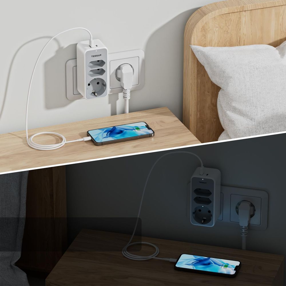TESSAN Mehrfachstecker für Steckdose Steckdosenadapter 3 Fach mit 1 USB A und 1 USB C 3600W Grau