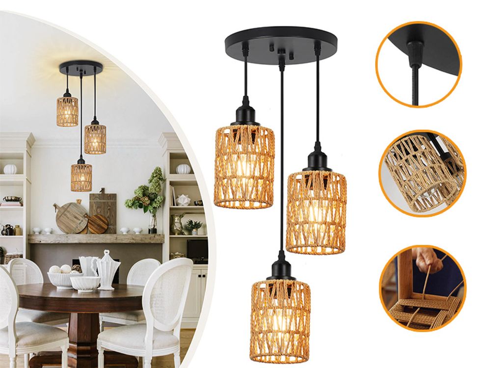 Pendelleuchte Rattan Boho Pendelleuchte 1-flammig mit LED Glühbirne Hängeleuchte Höhenverstellbar für Küche, Esszimmer, Wohnzimmer