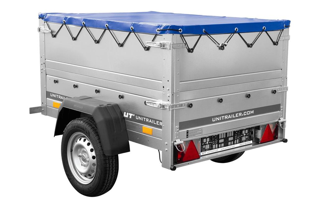 Przyczepka lekka 150x106 UNITRAILER GARDEN 150 KIPP z burtami BIS i pokrowcem niebieskim
