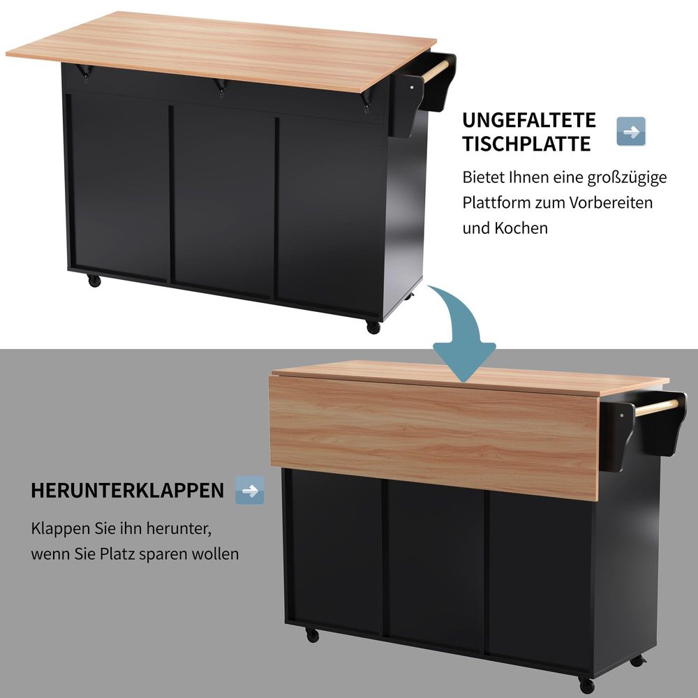 Flieks Servierwagen Kücheninselwagen mit Erweiterbarer Arbeitsplatte, Küchentrolley Speisewagen mit Schubladen, Kücheninsel 129x46-71x91.5cm, Schwarz