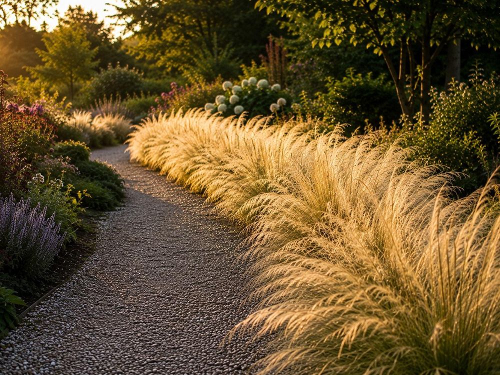 Federgras-Massenpflanzung säumt Gartenweg im Abendlicht