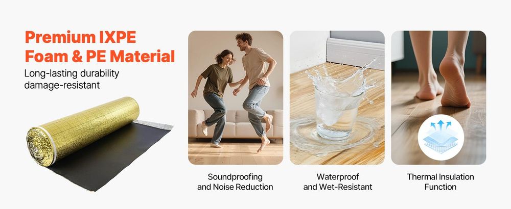 VEVOR Fußbodenunterlage 37,2 m², 3 mm Laminatbodenpolster mit angebrachter Dampfsperre, strapazierfähige Faser+PE-Folie, schalldämmend & geräuschreduzierend für Vinyl- & Holzböden (2 Rollen x 18,6 m²), 200 sq ft-3.0 mm-1 Volumen-IXPE