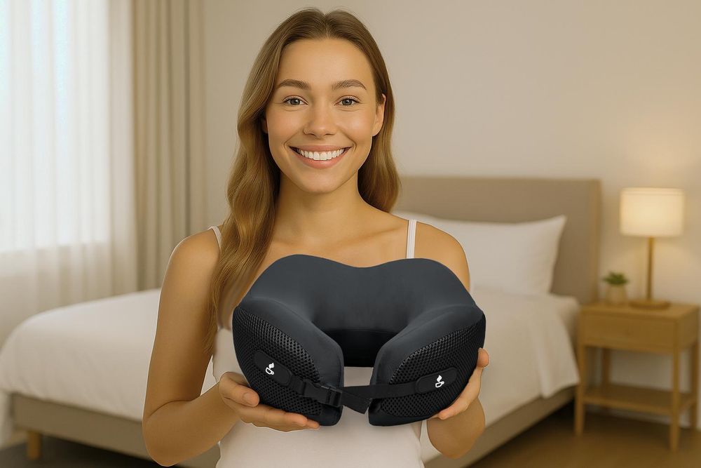 Nackenkissen aus weichem Memory Foam - Reise-Kissen für Flugzeug & Auto - Reisekissen mit praktischen Schnallenverschluss