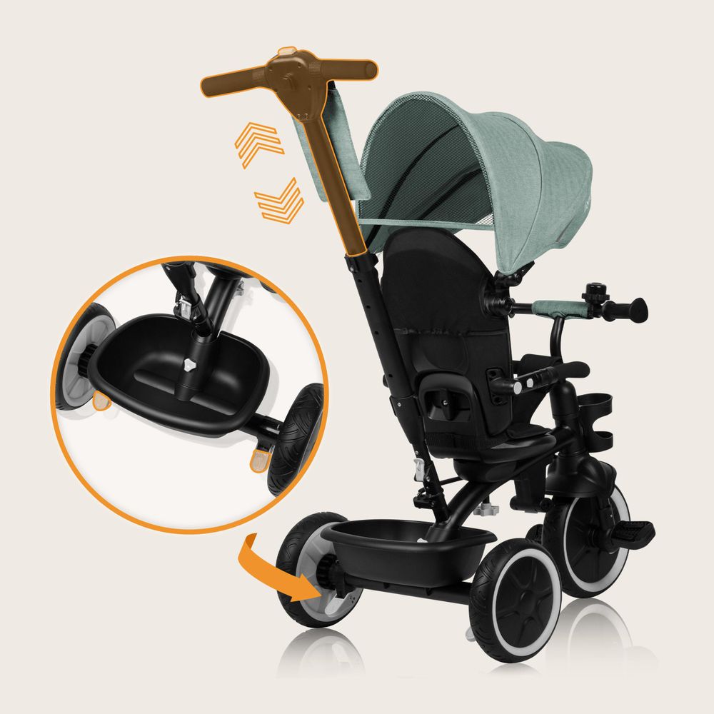 Multifunktionales Dreirad und Kinderwagen Lionelo Berry von 9 Monaten bis 5 Jahren bis zu 25 kg Große PolyurethanRäder, Dreirad-Drehsitz 360° Grün