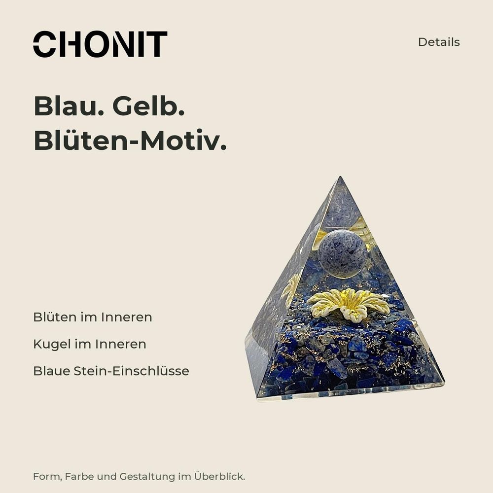 Orgonit-Pyramide „Blume“, blau-gelb – Produktdetails