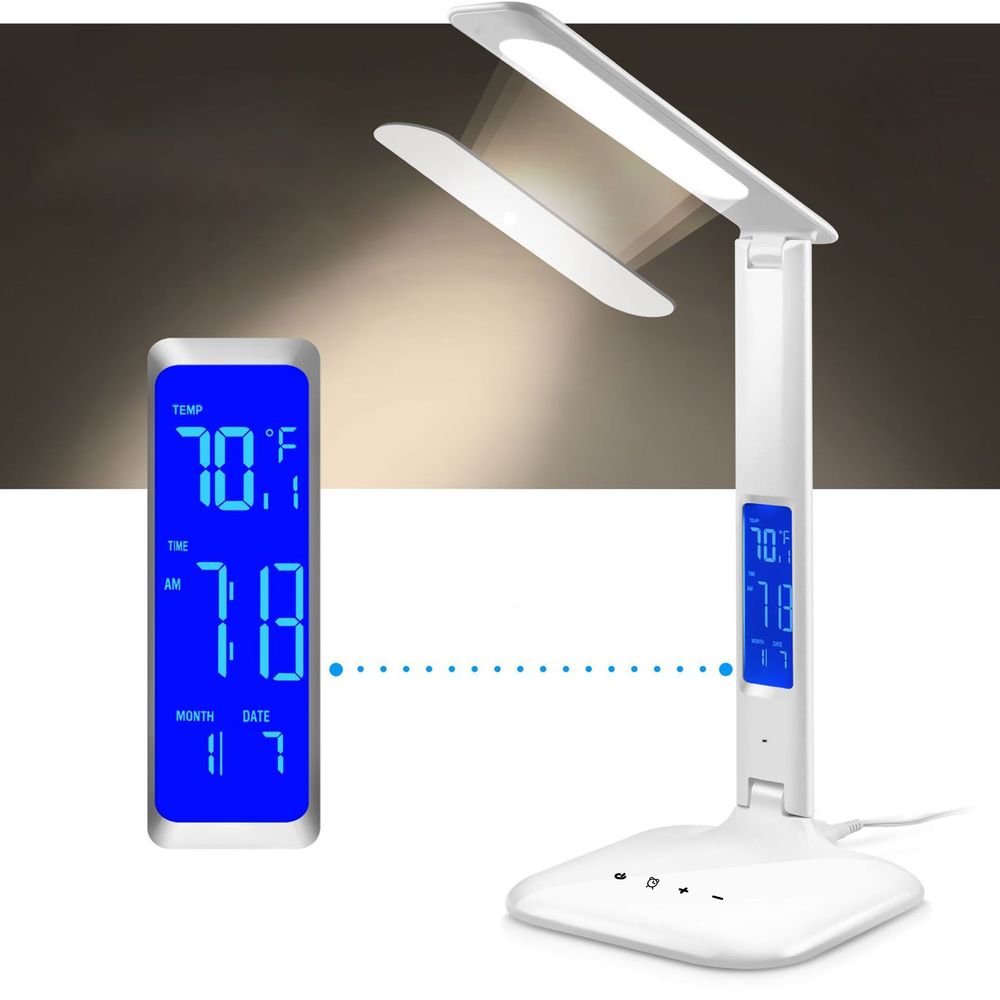 LED Schreibtischleuchte mit Thermometer und Uhr Schreibtischlampe Tischleuchte Leselampe Nachttischlampe Nachttischlampe Tischlampe Bürolampe Weiß Retoo