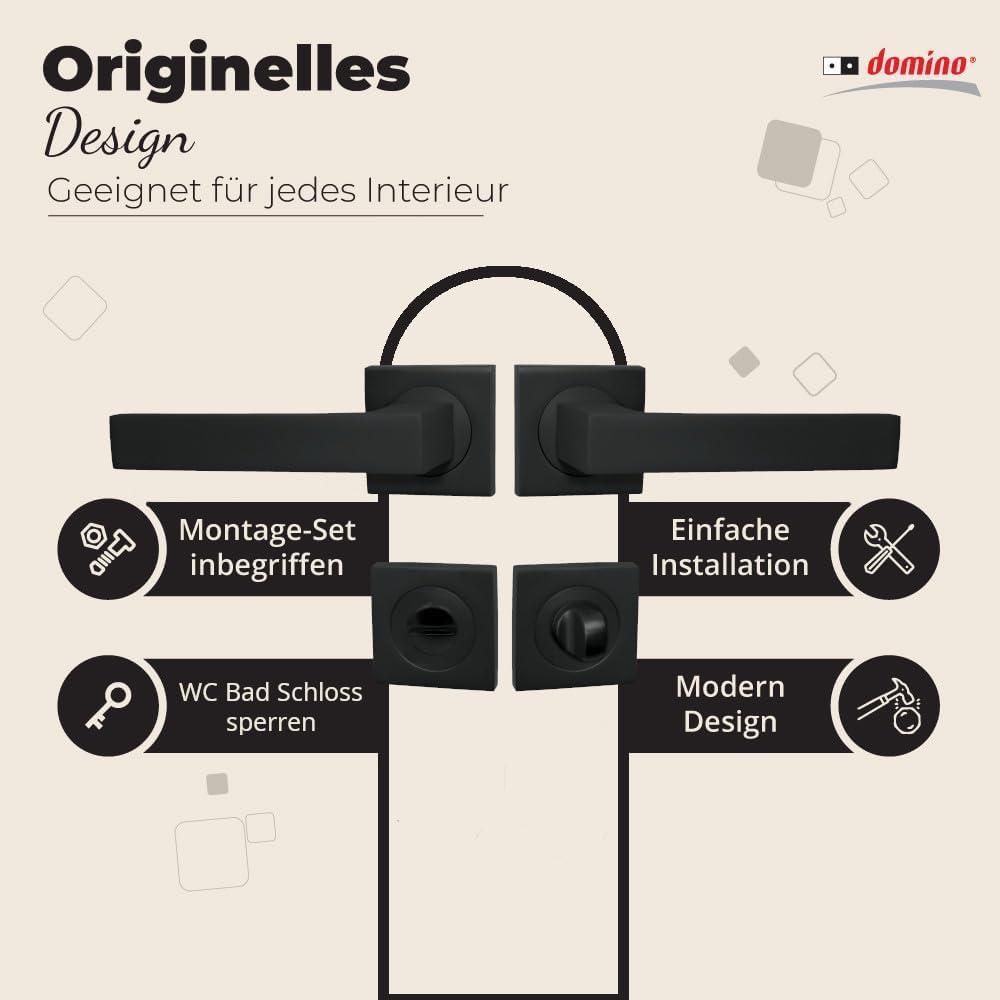 DOMINO Türgriff Drückergarnitur WC - Badezimmer Set | mit quadratischen Rosetten | für Badezimmertüren | Set WC - Rosetten-Garnitur | Türbeschläge aus Aluminium |Schwarz Türdrückergarnitur | QUBIK-QR BLACK