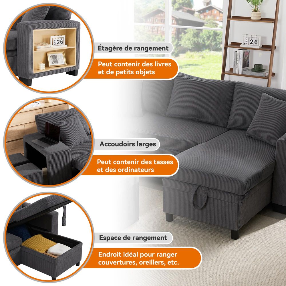 okwish L-förmiges umbaubares Ecksofa 3-Sitzer-Umbausofa mit USB-Ladeanschluss und Kissen,Klappsofa mit Schlaffunktion und Seitenablagen,Grau