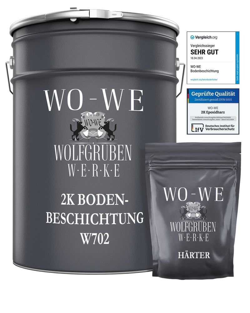 WO-WE W702 Bodenbeschichtung vor Garagentor, Eimer und Härter sichtbar