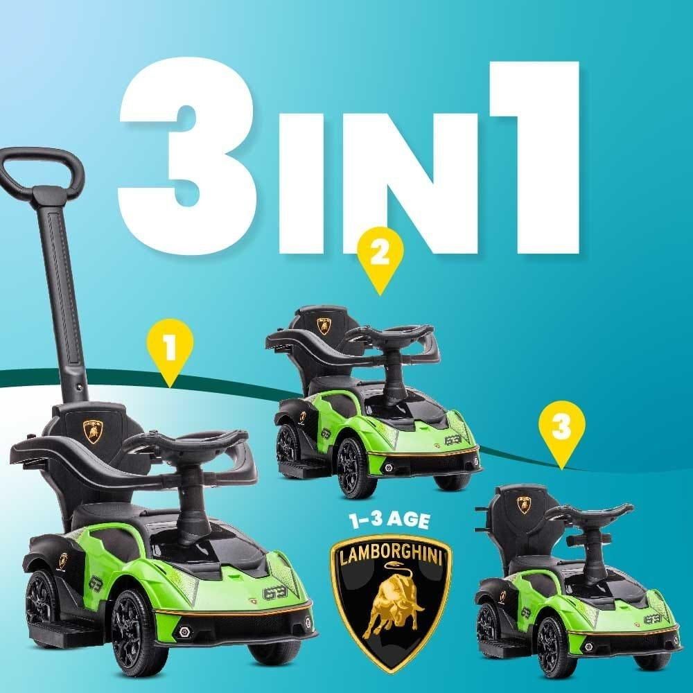 Drie configuraties van de Sun Baby Lamborghini loopauto: met duwstang, met beugel, als klassieke lo…