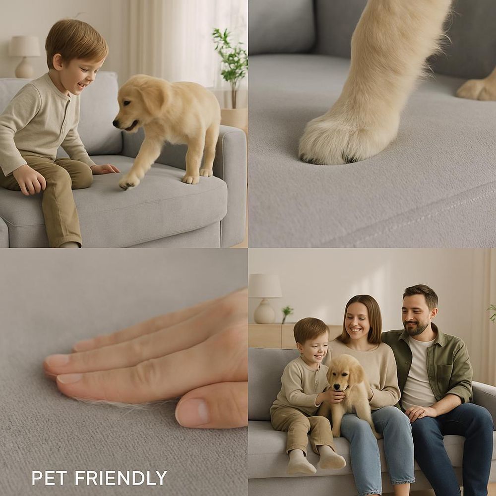 Ecksofa Luca Hellgrau – Pet Friendly Stoff, Hund und Familie auf der Couch