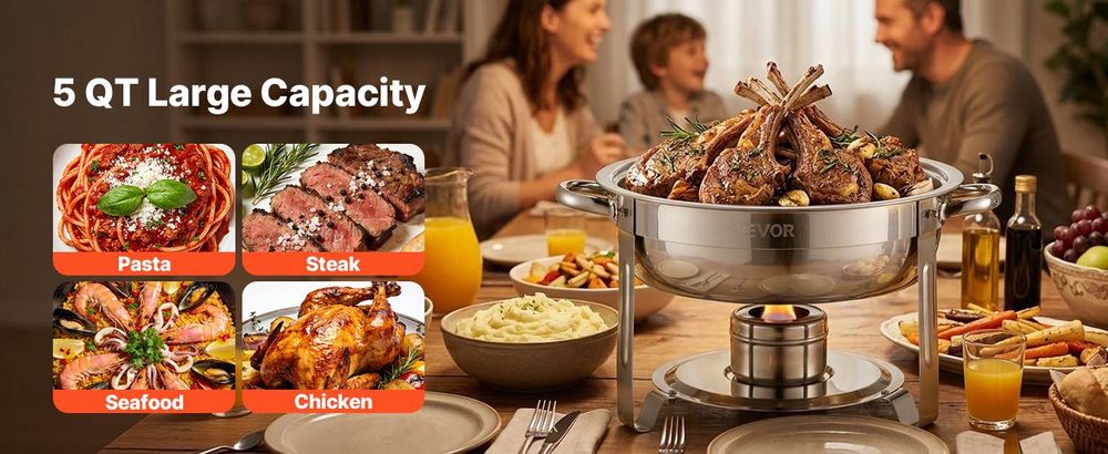 VEVOR Warmhalteteller Buffet Set, 5 Qt 2er Pack, Edelstahl Chafing Dish mit 2 Vollformat-Pfannen, runder Catering-Wärmer mit Glasdeckel, Wasserpfanne, klappbarer Ständer, Brennstoffhalter, für Hochzeitsfeiern, Bankett, Silber, Silber-4Stück