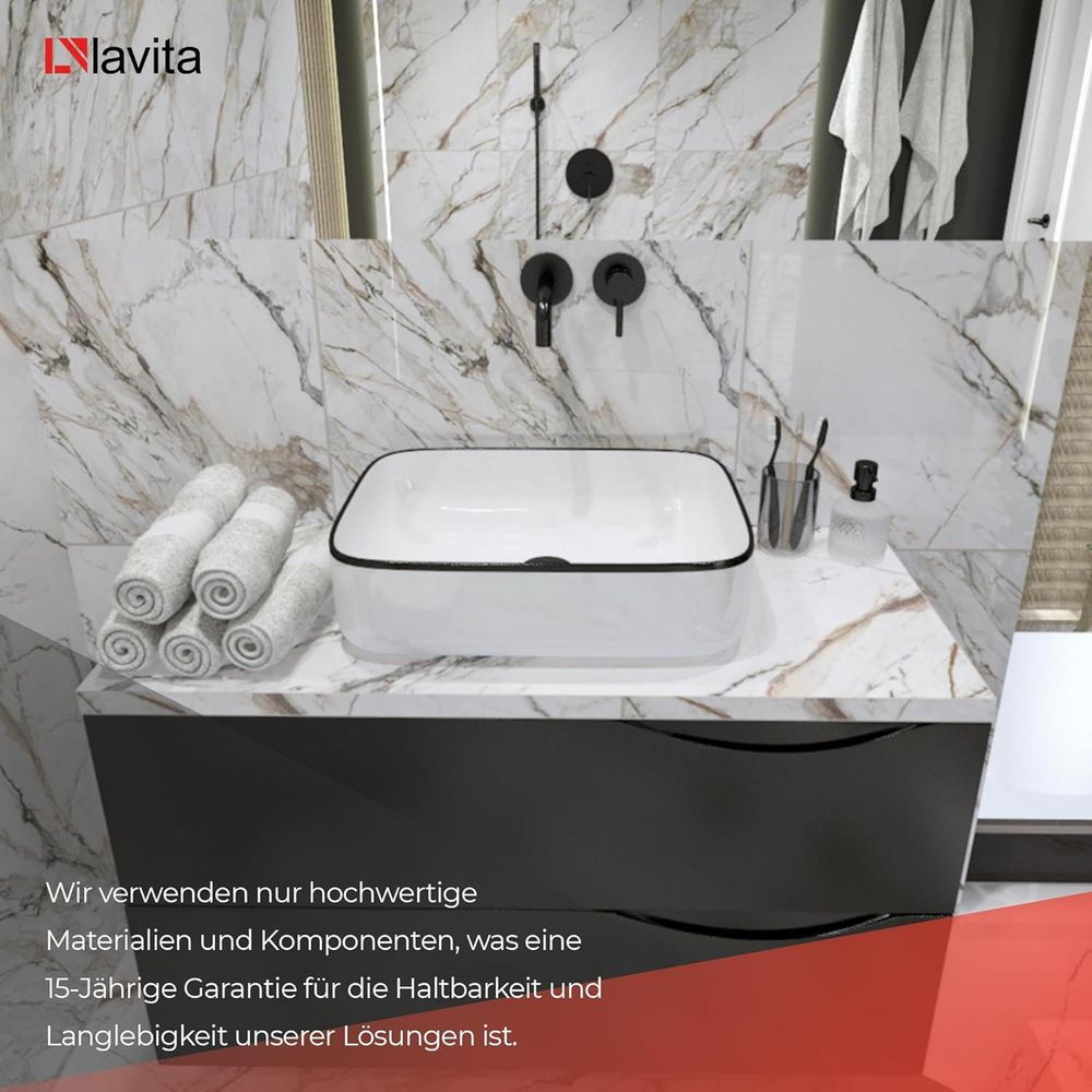 LAVITA Aufsatzwaschtisch Galera Black Line| Aufsatzwaschbecken Rechteckig | Waschbecken ohne Überlauf und Hahnloch | Aus hochwertigem Porzellan | Waschtisch | 50,5x40x14 cm | Weiß/Schwarz