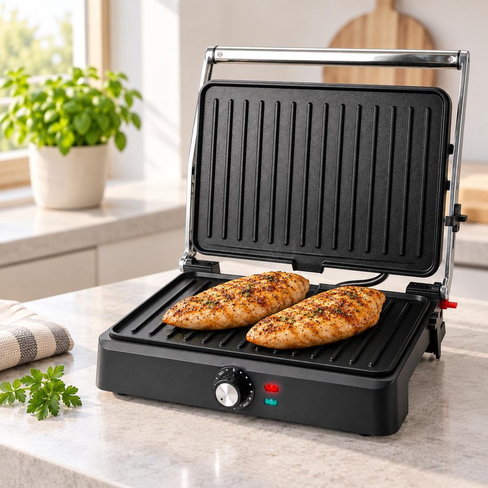 Offener Kontaktgrill mit zwei gegrillten Hähnchenbrustfilets auf einer hellen Küchenarbeitsplatte.