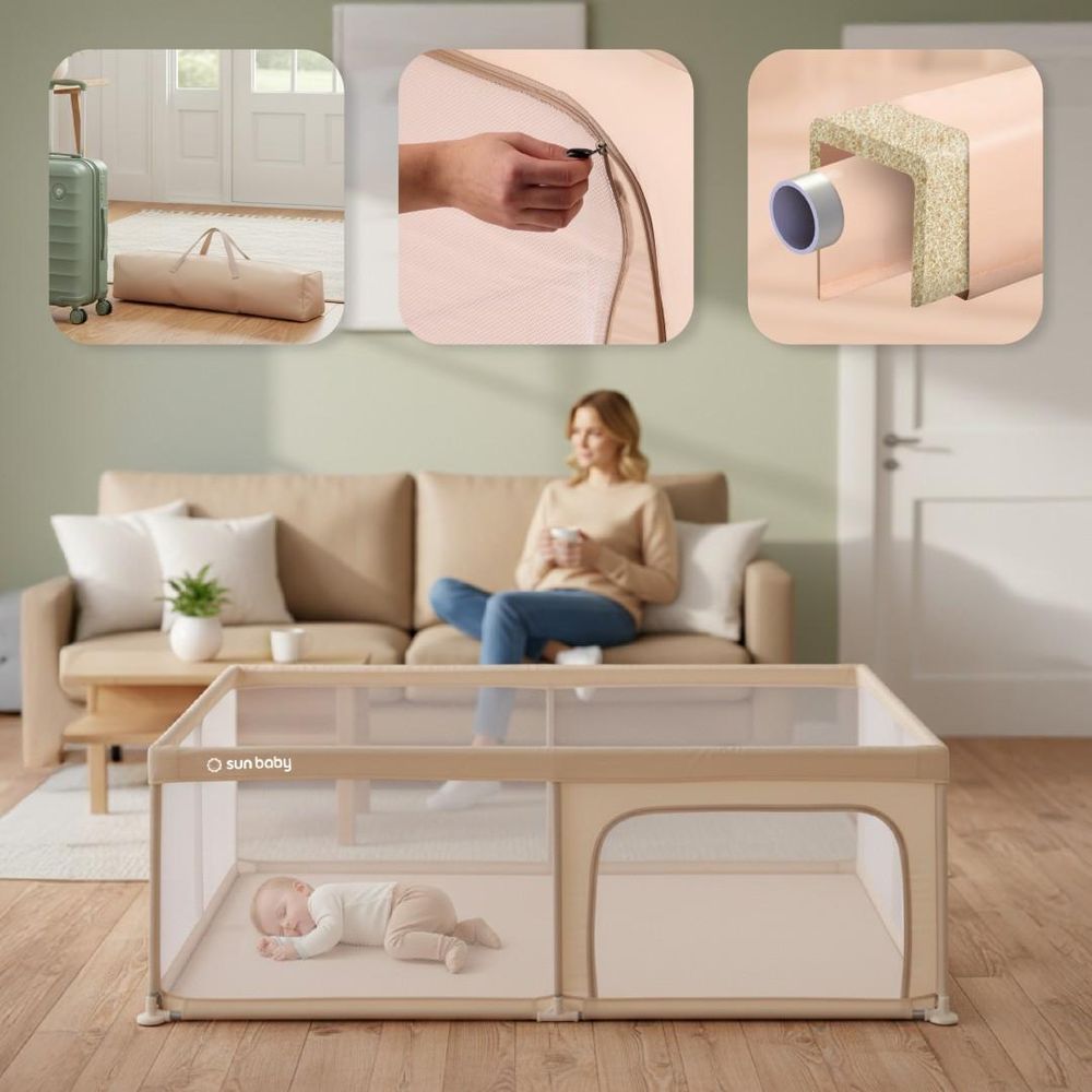 Collage van draagtas, ritsdetail, schuimrand en slapende baby in de box