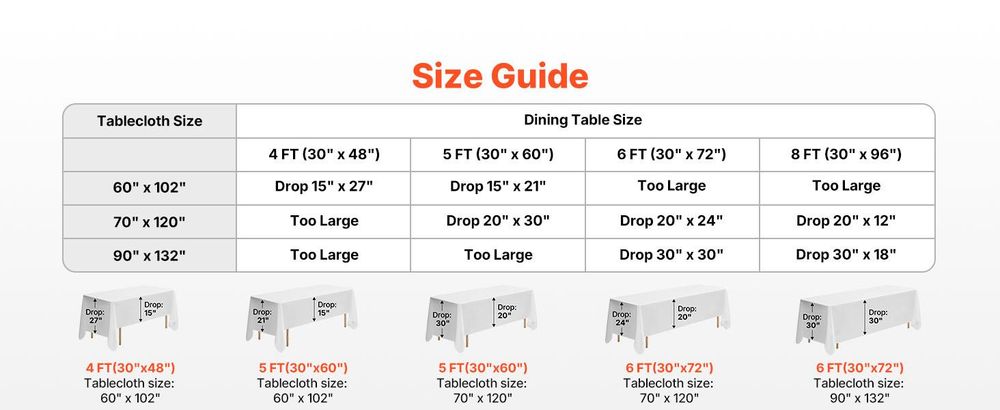 VEVOR Weiße Tischdecken für rechteckige Tische, 6er-Pack, 60 x 102 Zoll, wiederverwendbare und maschinenwaschbare Tischdecken, knitterfreies Polyestergewebe Tischüberzüge für Hochzeit, Party, Bankett, Weiß-10 Stück-a, 1778x3048 mm-b