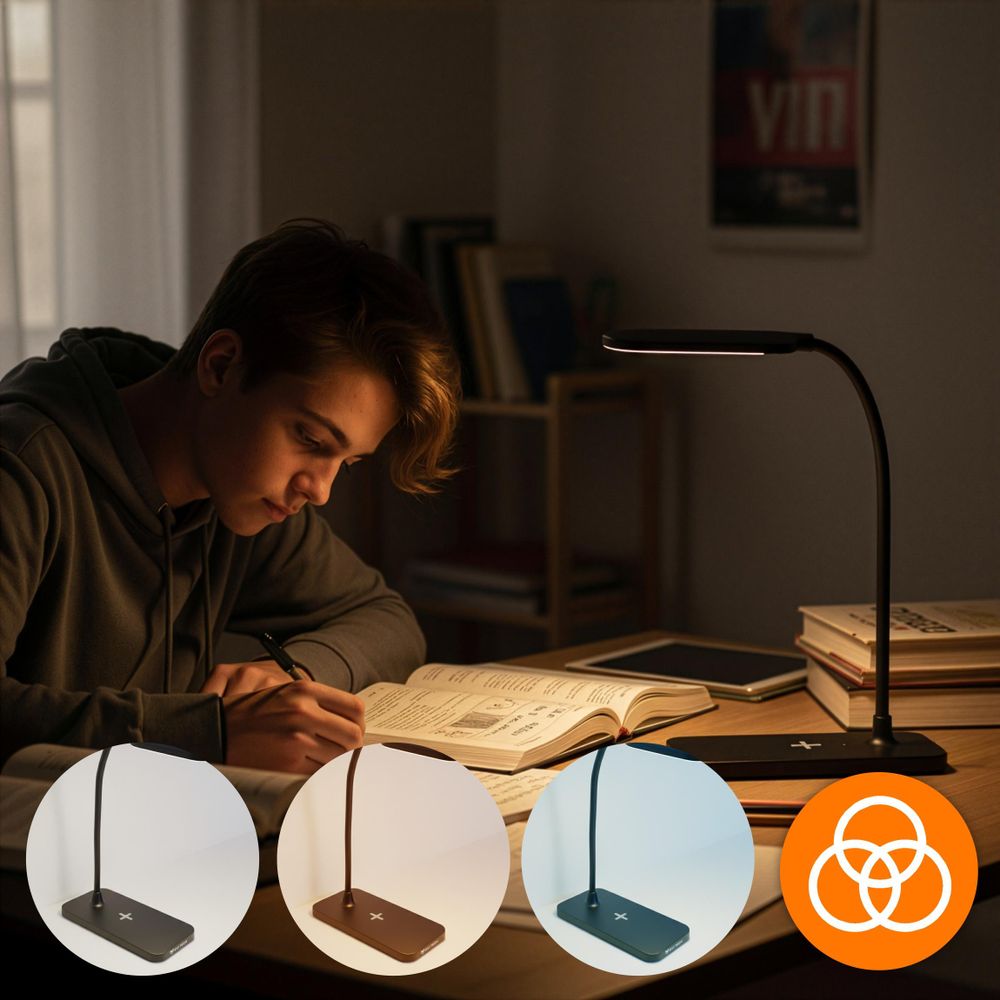 LED Schreibtischlampe Schwarz mit 15W Induktionsladegerät, Touch-Steuerung & 3 Lichtmodi, Nachttischlampe für Kinder & Büro, EVI TECH Qi Ladestation