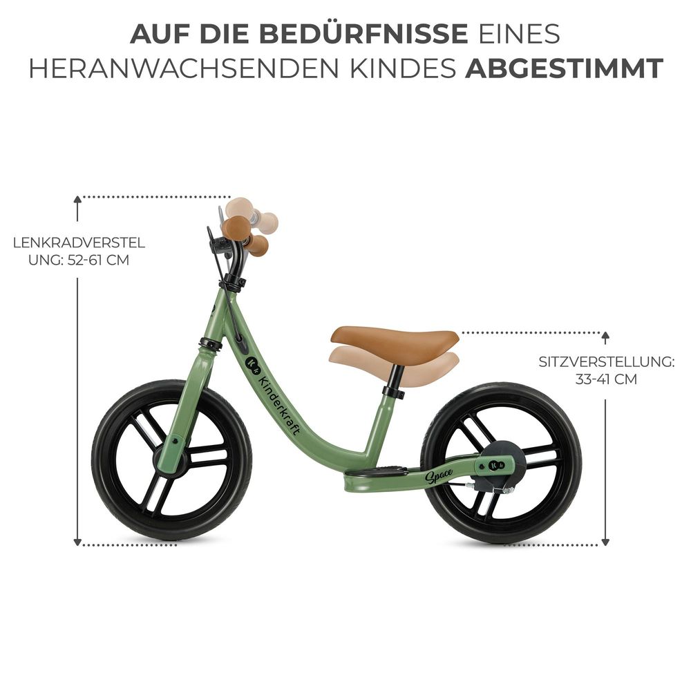 Kinderkraft SPACE Laufrad - Leicht, mit Handbremse - EVA-Schaumstoffräder - Verstellbarer Sattel und Lenker - Für Kinder ab 80 cm - Grün