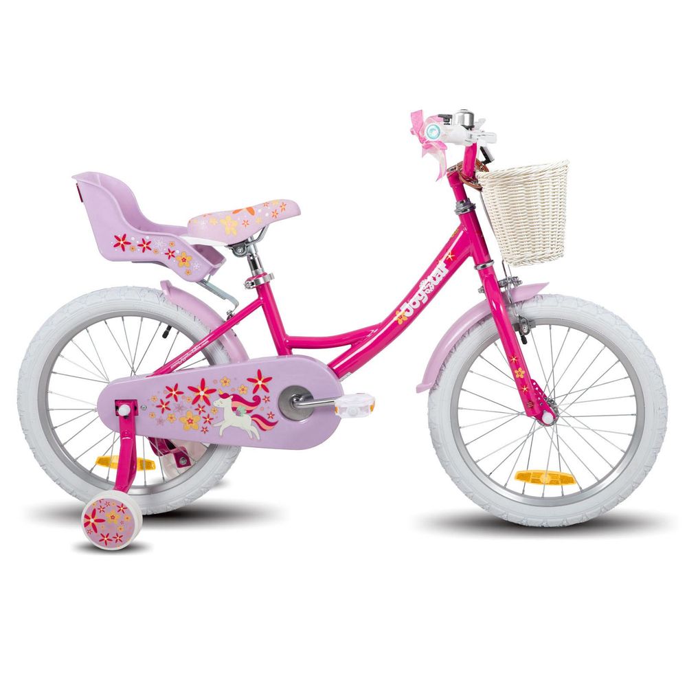 HILAND Joystar 14 Zoll Kinderfahrräder Mädchen mit Puppensitz, Stützräder, Korb, Schutzbleche, V-Brake-Bremsen, Rosa