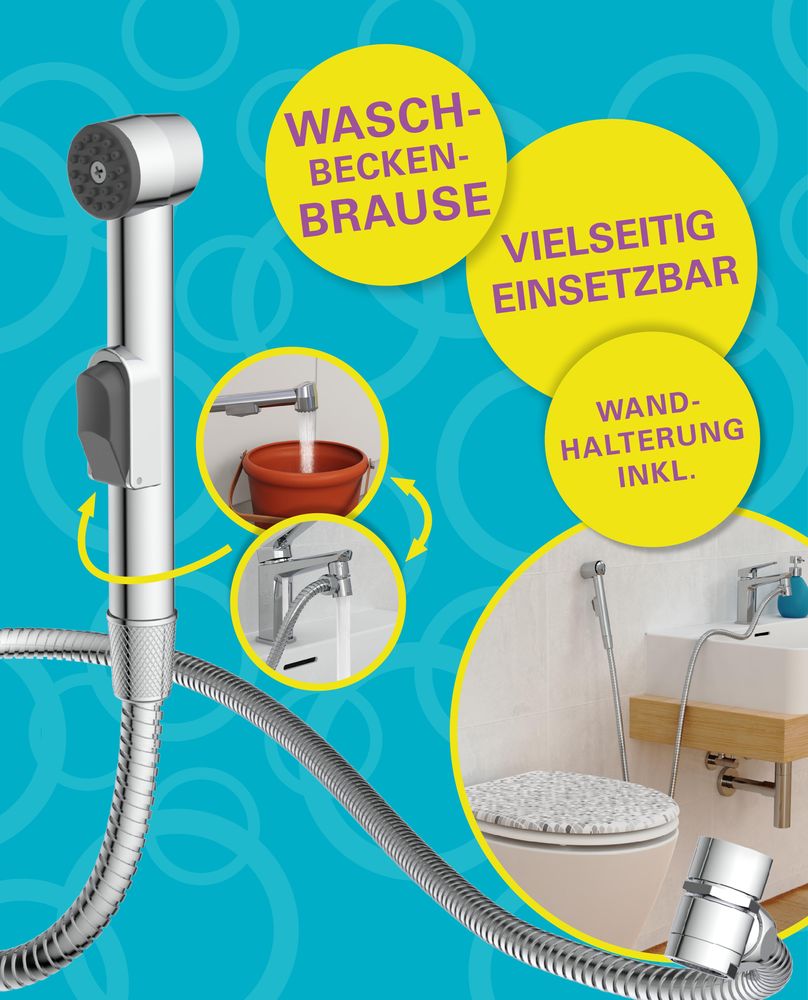 Das Bild zeigt die Waschbeckenbrause, ein Waschbecken, ein WC. auf blauem Hintergrund.