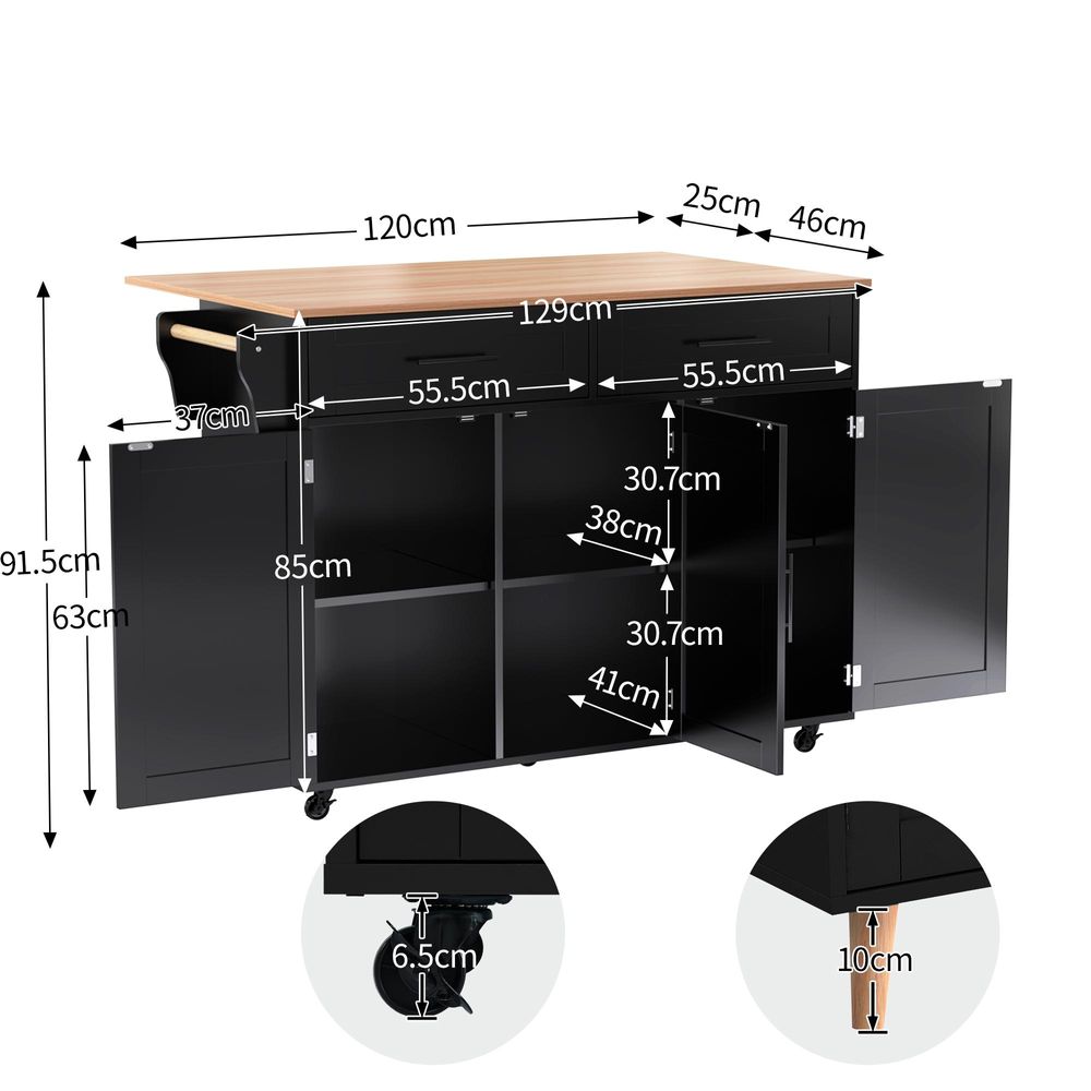 Flieks Servierwagen Kücheninselwagen mit Erweiterbarer Arbeitsplatte, Küchentrolley Speisewagen mit Schubladen, Kücheninsel 129x46-71x91.5cm, Schwarz