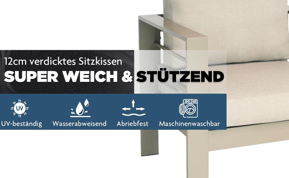 MeXo Gartenmöbel Set Beige Aluminium 6-7 Personen outdoor wetterfest, 12cm Deluxe Relax-Sitzkissen, Gartenlounge-Set 5-tlg. mit 8 cm breite Armlehnen