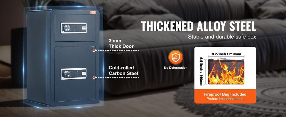 VEVOR Doppeltüren 7,2 cu.ft Safe Box mit Schlüsselverschluss & Passwort, Safe Lock Box mit feuerfestem Beutel, Schlüsselablage, LED-Licht und 2 höhenverstellbaren und abnehmbaren Trennwänden für Geld, Dokumente, Schmuck und Wertsachen, Schwarz, 127L