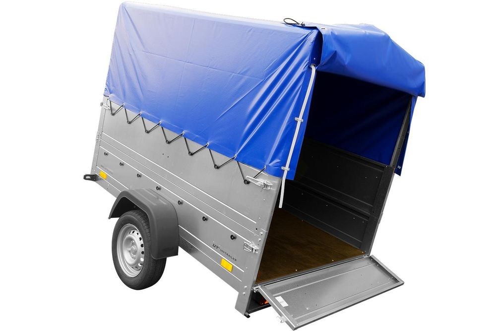 PKW-Anhänger 200x125 UNITRAILER GARDEN 201 KIPP mit Bordwandaufsatz und blauer Hochplane