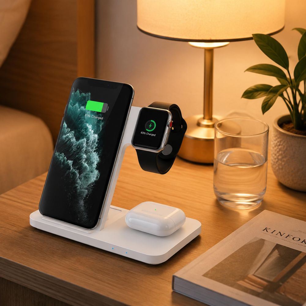 CHEROY 3-in-1 Draadloze Oplader - 15W Snellader - Qi Oplaadstation - Geschikt voor MagSafe iPhone, Apple Watch, AirPods - Wireless Charger - Wit
