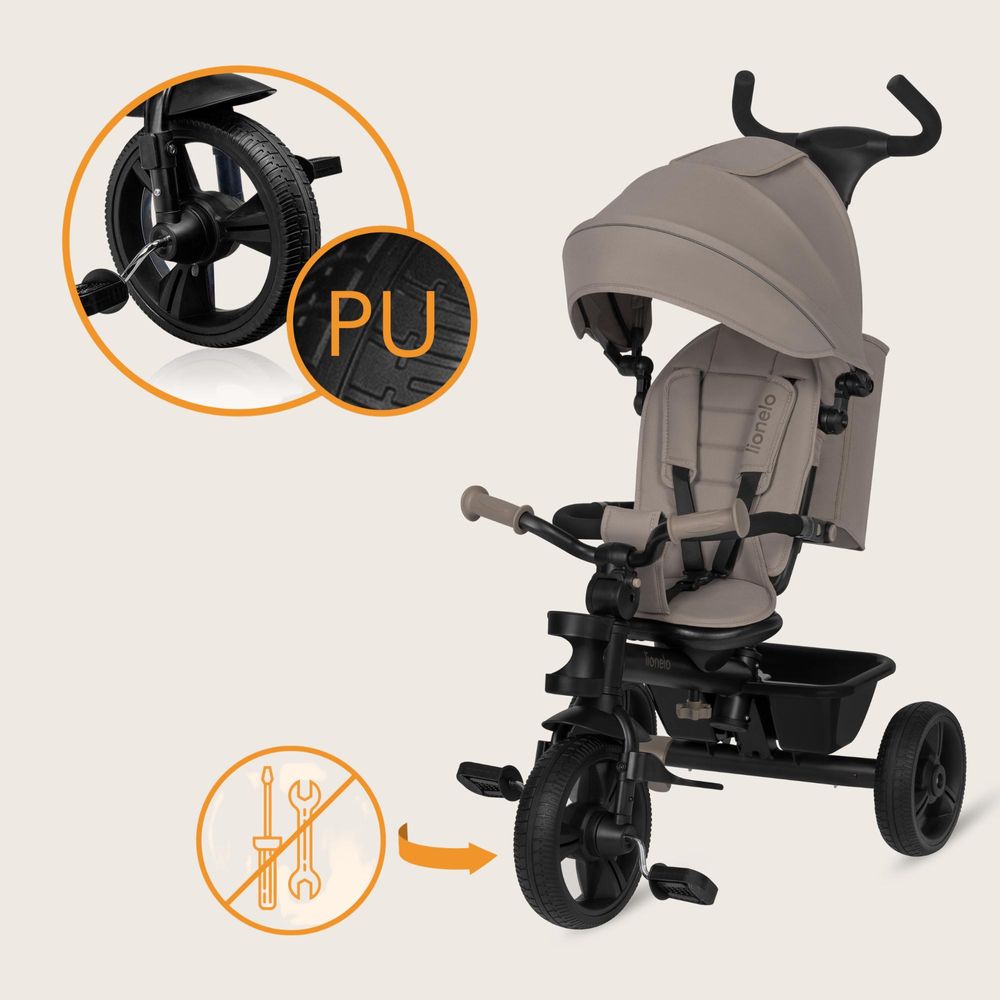 Haari Dreirad 2in1 für Kinder ab 18 Monaten, mit drehbarem Sitz, Schiebegriff, Freilauf, Verdeck, Fußstütze und Sicherheitsbügel - Beige Taupe