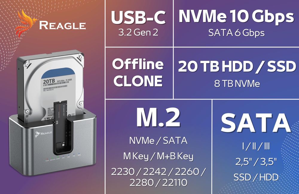 Reagle Dockingstation SSD HDD SATA 2,5 3,5 NVMe M.2 – USB Adapter Klonen – Dual Slot Festplattenstation kompatibel PC Laptop
