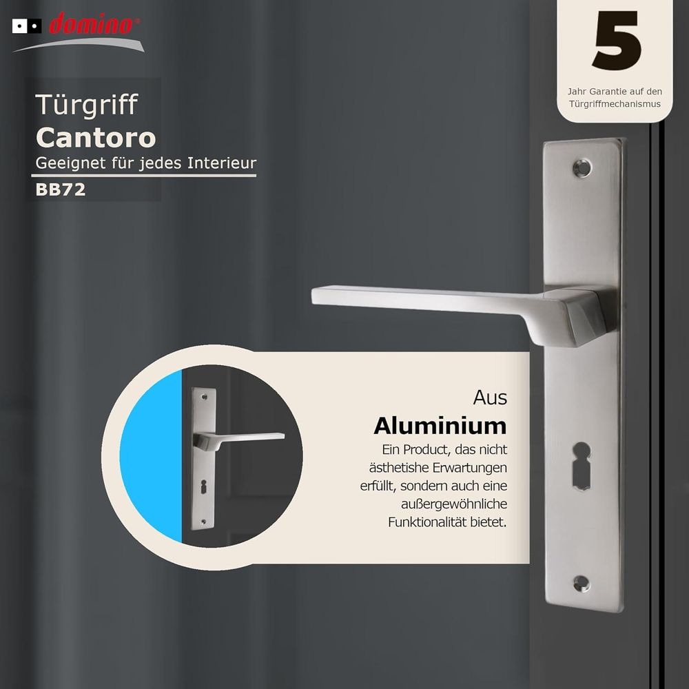 Domino Türgriff 72 BB-Buntbart Drückergarnitur Langschild für Zimmertür, Bürotür, Kellertür, Innentür, L-Form, Aluminium Nickel CANTORO M9