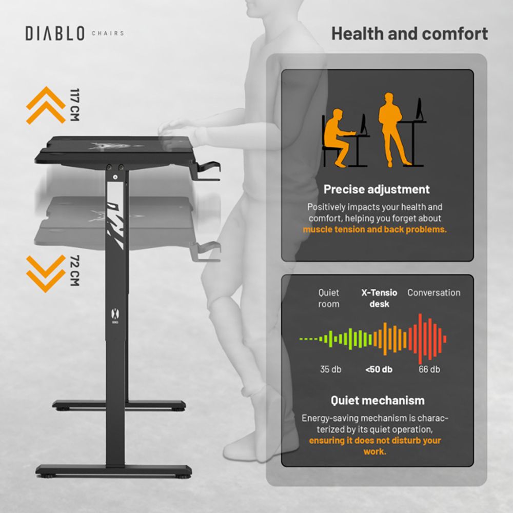 Diablo herní stůl elektrický X-Tensio počítačový stůl kancelářský stůl paměťová funkce dotykový displej výškově nastavitelný 140 cm