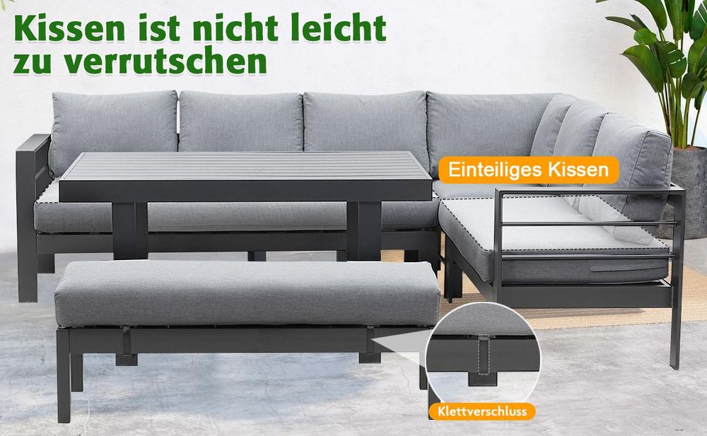 MEXO Gartenmöbel Set Aluminium 8 Personen, Modulares Gartenlounge-Set Gartensofas Ecklounge mit groß Tisch & Gartenbank, Wetterfest Outdoor-Loungesofa