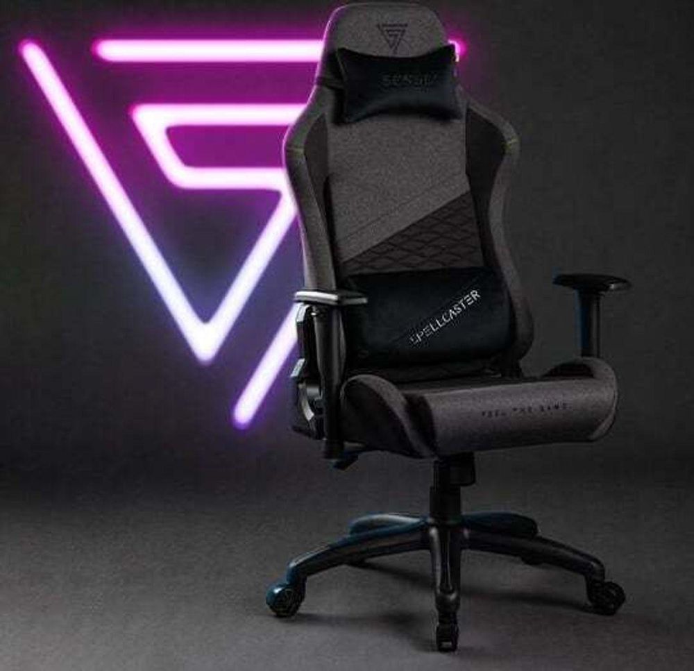 SENSE7 Spellcaster SENSHI Krzesło gamingowe z tapicerką materiałową, czarne – ergonomiczne krzesło biurowe, krzesło do biurka, krzesło dla graczy, nośność 150 kg, podłokietniki 2D, fotel kierowniczy