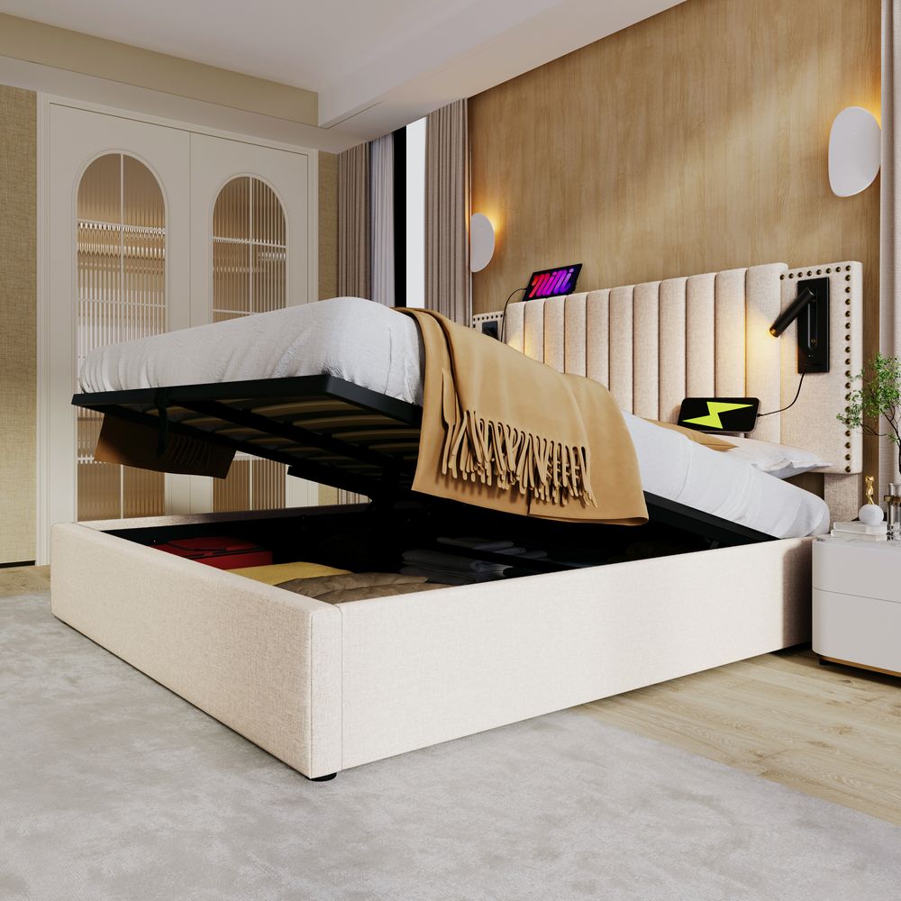 Flieks Polsterbett 180x200cm mit Leselampe, Doppelbett Stauraumbett Boxspringbett mit Ladefunktion (USB, Typ-C), Jugendbett mit Lattenrost, Baumwolle