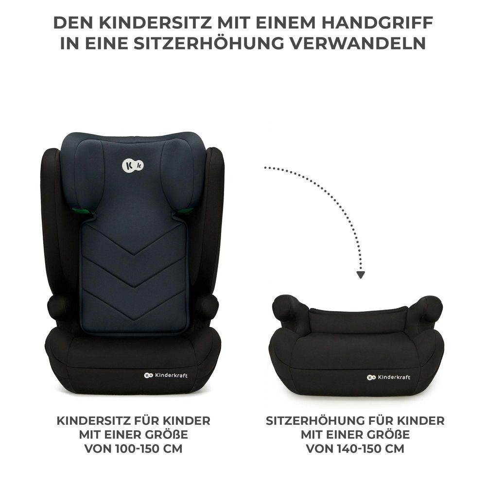 Kinderkraft I-SPARK 2in1 Kindersitz 100-150 cm (3,5-12 Jahre) - i-Size Standard - Leicht - H-GUARD Kopfstütze - SPS Seitenaufprallschutz - Schwarz