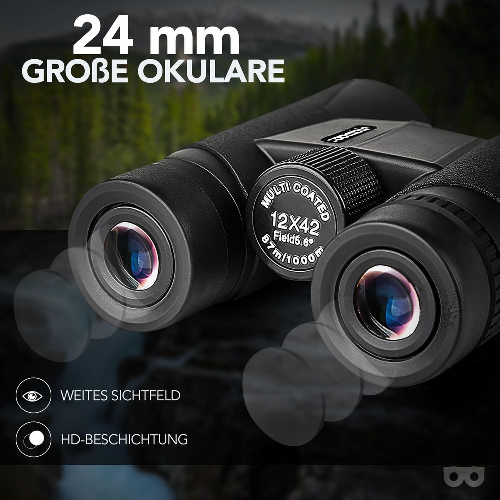 Nahaufnahme der 24 mm großen Okulare des Zoomble 12x42 mit vergüteten Linsen
