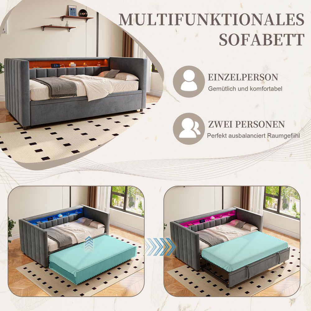 STILVORA Schlafsofa 90x190 cm mit ausziehbarem Bett, Jugendbett mit USB-Type-C-Anschluss und LED-Ambiente, Samt, Grau