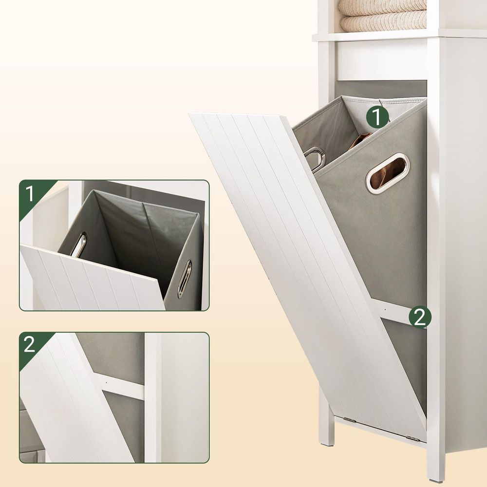 SoBuy Hochschrank mit ausklappbarem Wäschesack Schmaler Badezimmer Schrank Badezimmermöbel aus Holz Platzsparendes Badregal Weiß 45x171x35cm BZR102-W